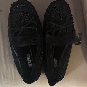 torrid Black Faux Fur Moccasin Slippers with Crystal Accents